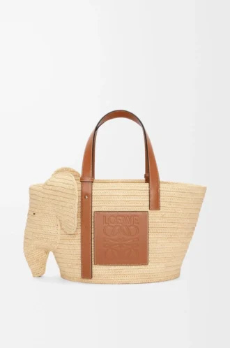 Elephant Basket aus Raffia und Kalbsleder Natur/Hellbraun
