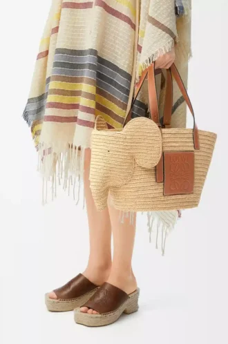 Elephant Basket aus Raffia und Kalbsleder Natur/Hellbraun
