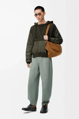 Hybrid-Hoodie aus Baumwolle und Nappa-Lammleder Khaki Green