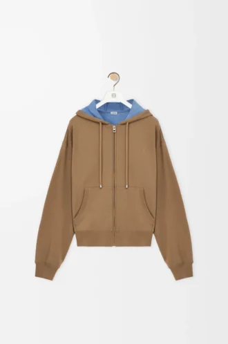Kapuzenjacke mit Reißverschluss aus Baumwolle in Beige/Blau
