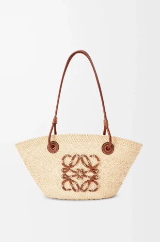 Kleine Anagram-Korb-Tasche aus Iraca-Palmenblättern und Kalbsleder Natur/Hellbraun