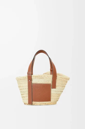 Kleine Basket-Tasche aus Palmblättern und Kalbsleder Natur/Hellbraun