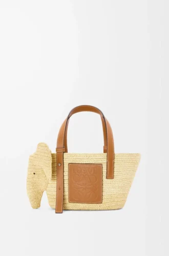Kleiner Elephant-Korb aus Raffia und Kalbsleder in Natur/Hellbraun