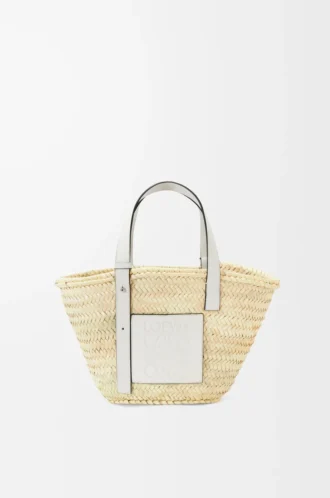 Korb-Tasche aus Palmblatt und Kalbsleder Natur/Weiß