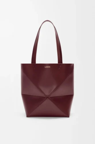 Medium Puzzle Fold Tote aus glänzendem Kalbsleder in Dark Burgundy