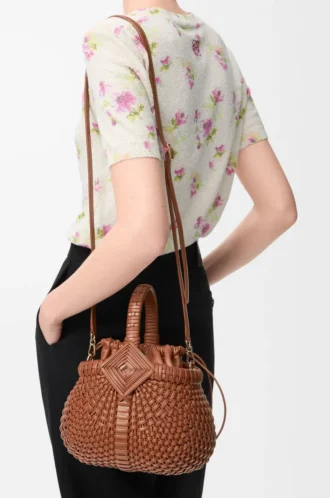 Mini Diamond Round Basket Tasche aus Kalbsleder in Dunkelbraun