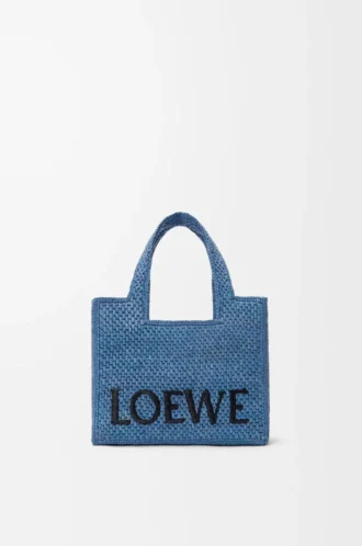 Mini LOEWE Font Tote aus Raffia Hellblau