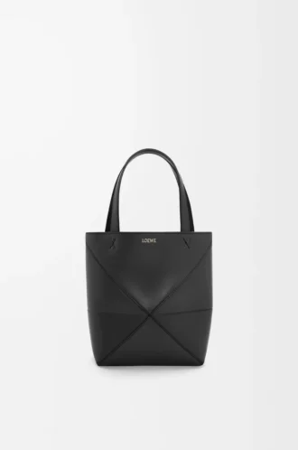 Mini Puzzle Fold Tote aus glänzendem Kalbsleder in Schwarz