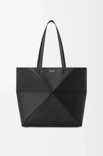 Mittlere horizontale Puzzle Fold-Tasche aus weichem genarbtem Kalbsleder in Schwarz