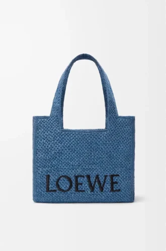 Mittlere LOEWE Font-Tasche aus Raffia Hellblau