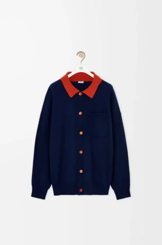Polo-Strickjacke aus Wolle Marineblau/Orange