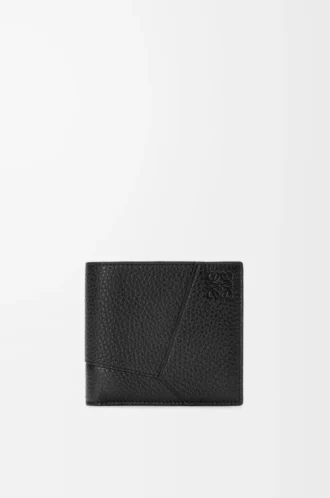 Puzzle-Münzfach-Bifold-Geldbörse aus geschmeidigem genarbtem Kalbsleder Schwarz